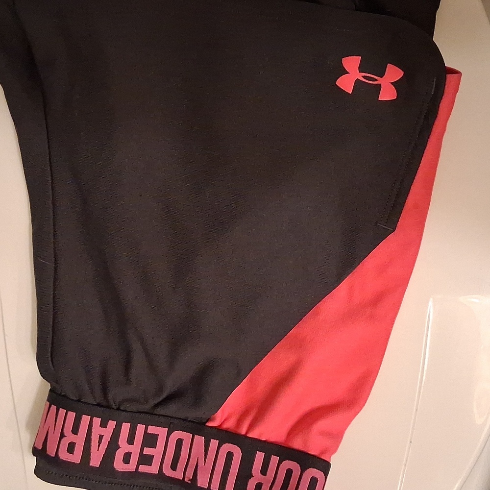 Under Armour Women's Charcoal Gray and Pink Performance Shorts - Picture 3 of 5